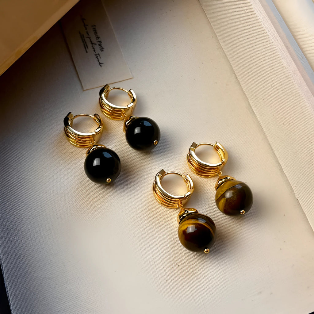 Geometric tigereye earrings with real gold plating in French retro style