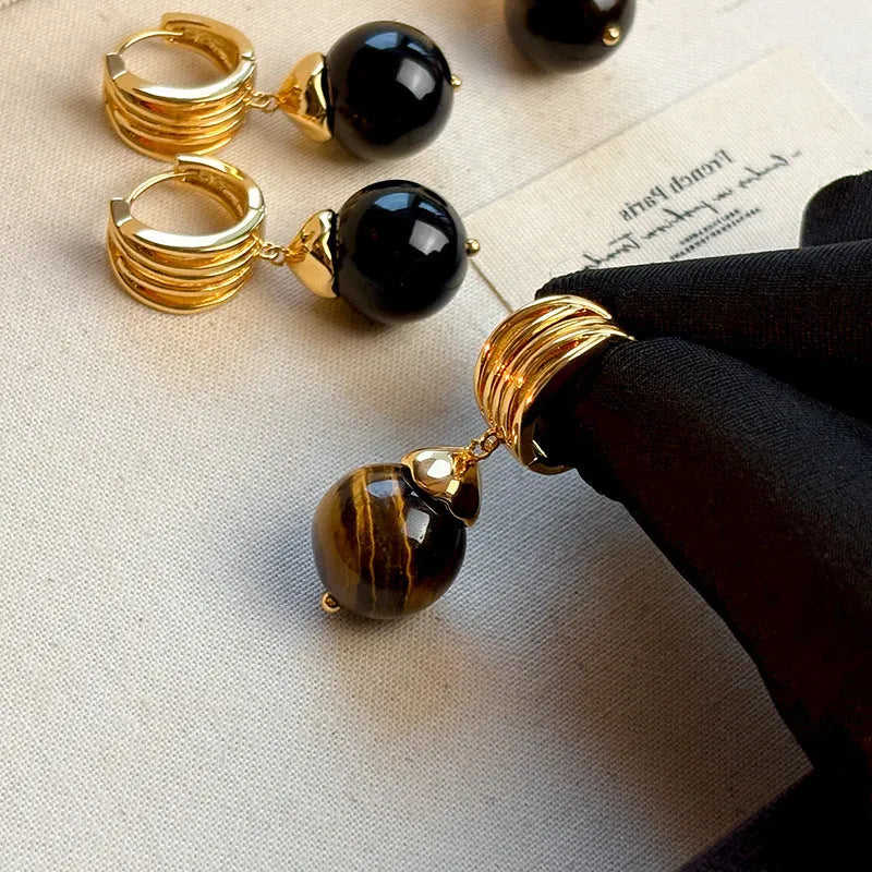 Geometric tigereye earrings with real gold plating in French retro style
