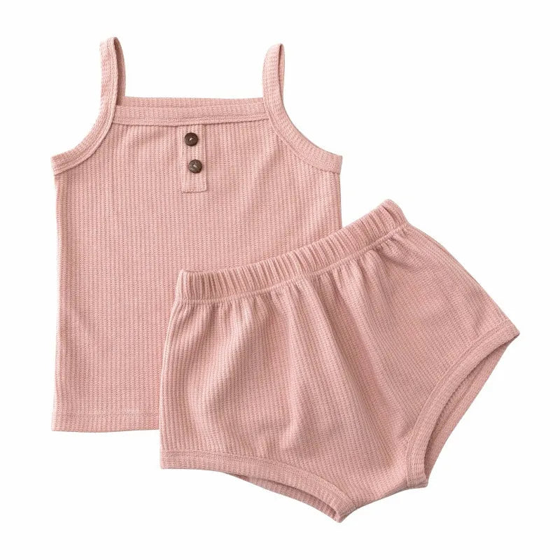 Summer baby camisole set with short sleeves and matching shorts in light yellow cotton fabric