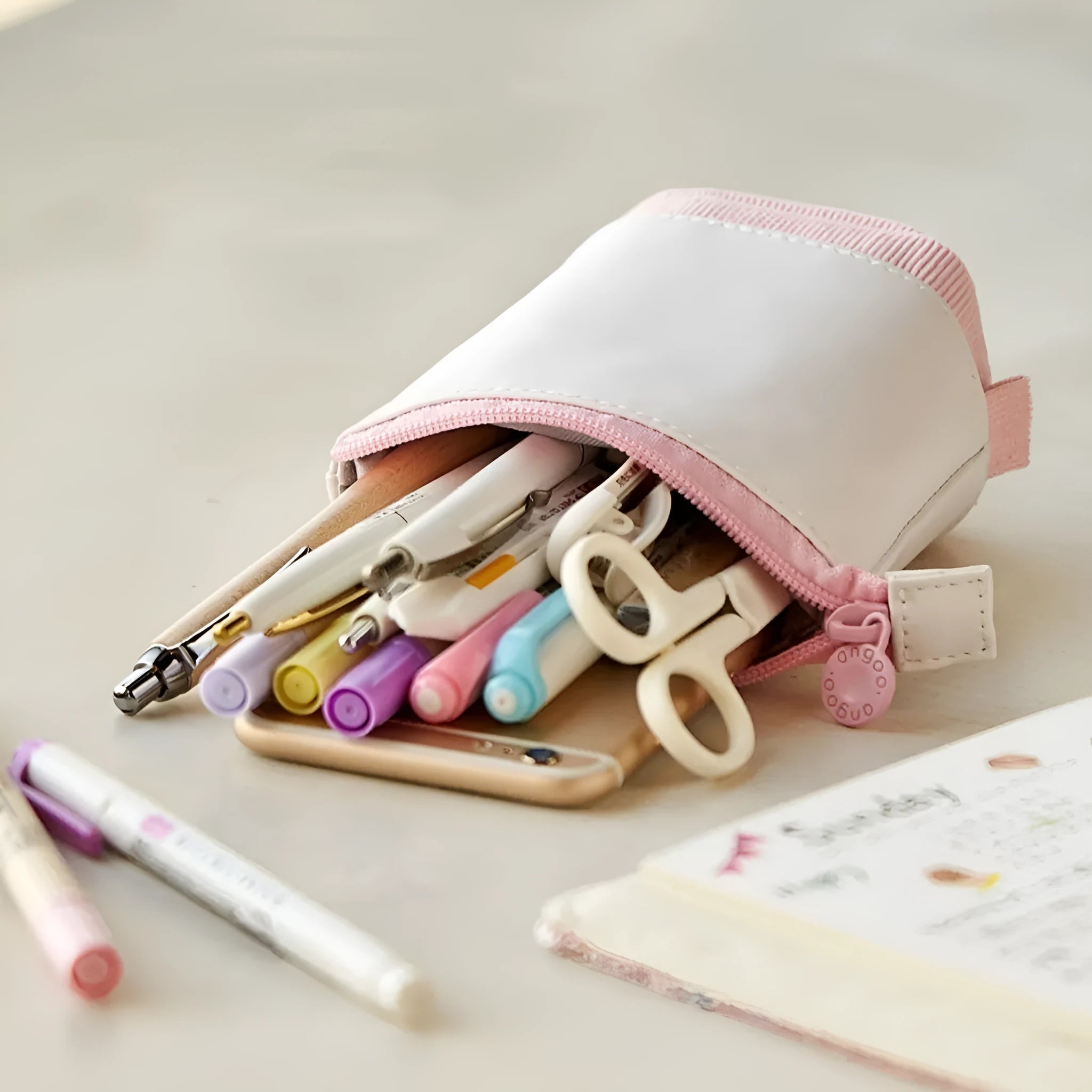PU corduroy stationery case with drop-down telescopic opening in Korean style design