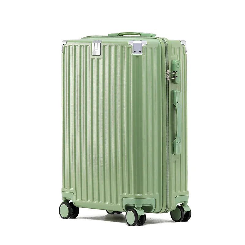 Hard-shell aluminium frame suitcase in avocado green colour with USB port and universal wheels.