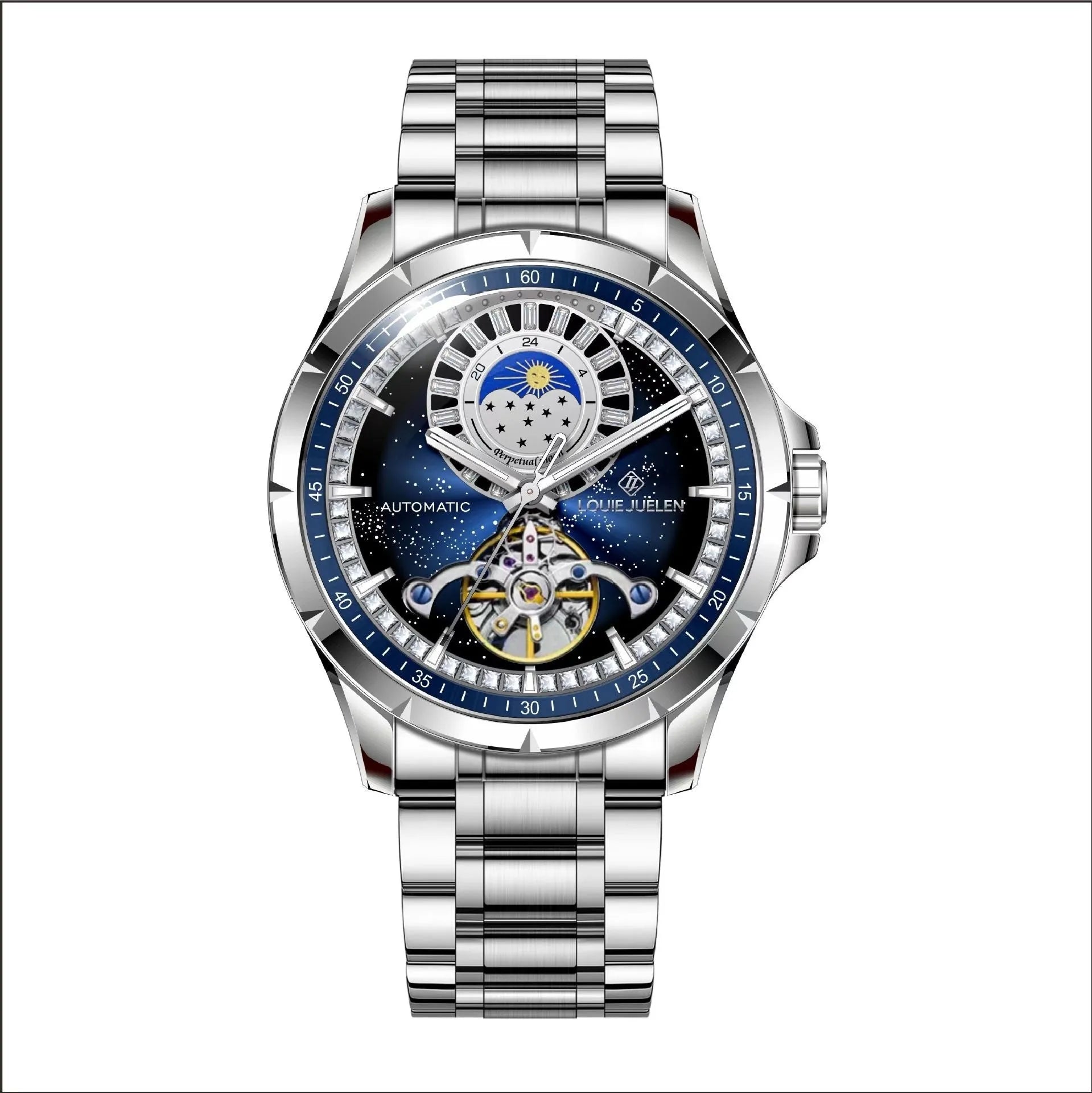 Men's silver automatic watch with blue dial and stainless steel strap showing transparent case back