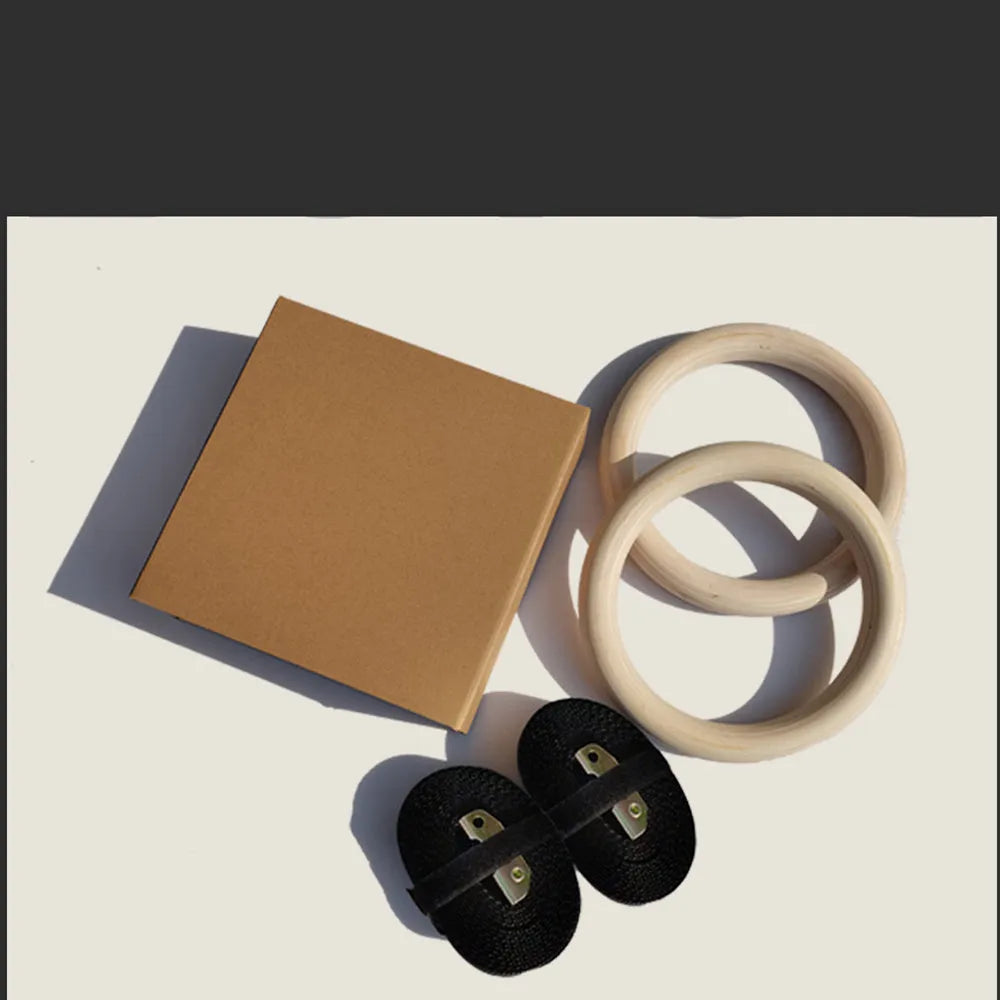 Fitness wooden ring suspension training belt set with birch rings and polyester webbing in wood colour