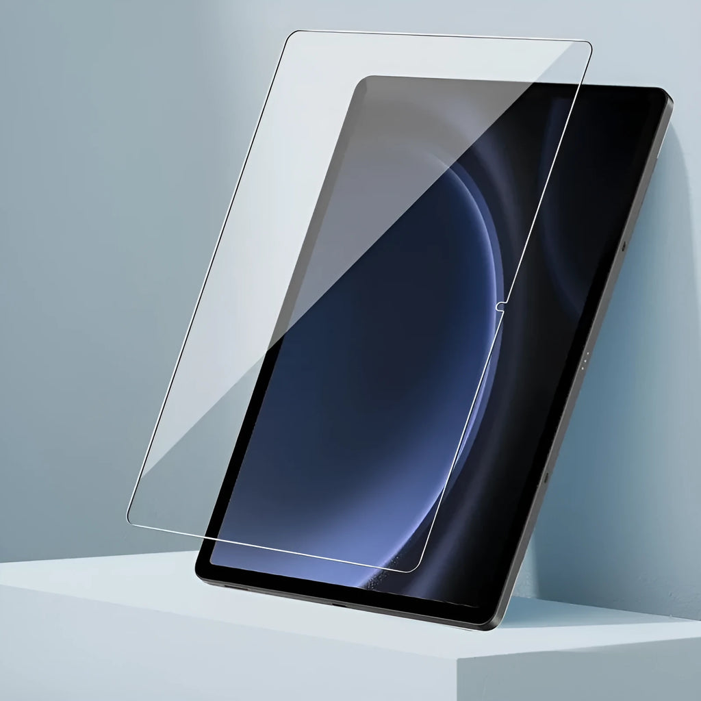 Samsung Galaxy tablet with a clear tempered glass screen protector applied, showing anti-fingerprint properties.