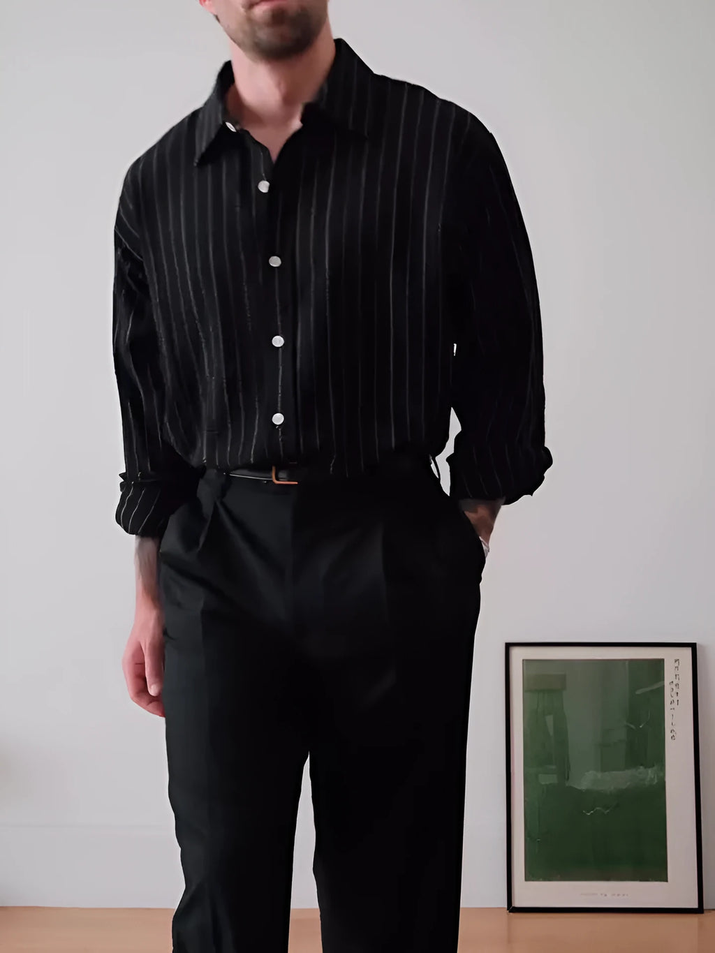 Black pinstriped button-down business shirt with regular fit and polyester construction