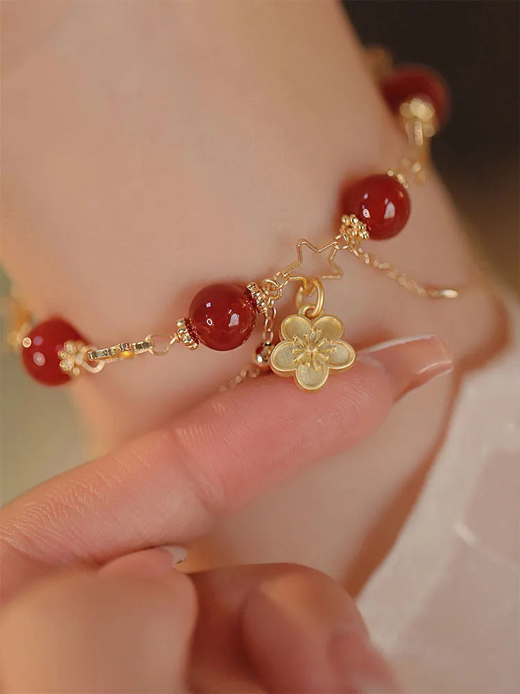 Red agate double-layer women's bracelet with carved peach blossom floral patterns