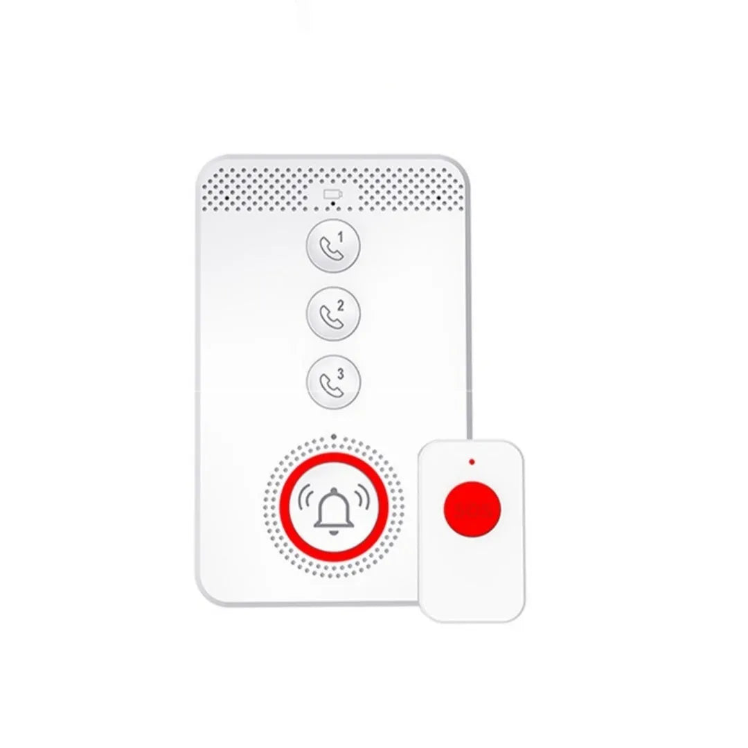 White emergency alert system with one central buzzer unit and three separate call buttons.
