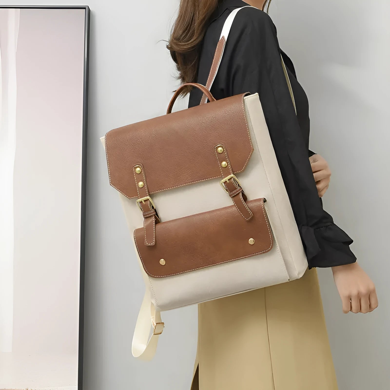 Korean retro style simple backpack in soft PU material showing ventilation features