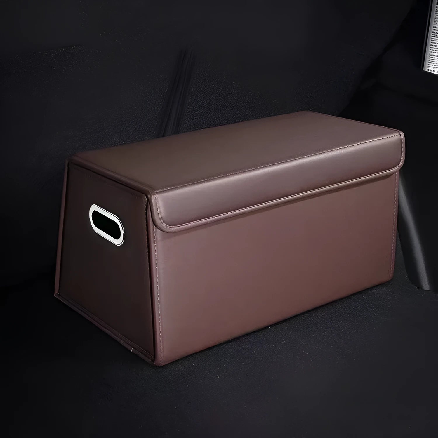 Folding car trunk storage organiser in waterproof leather, available in black, brown, and wine red colours with medium and small size options.