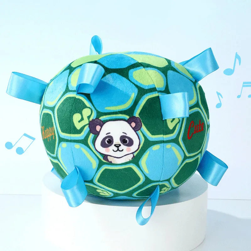 Green interactive ball dog toy with plush handle and built-in bell for aggressive chewers