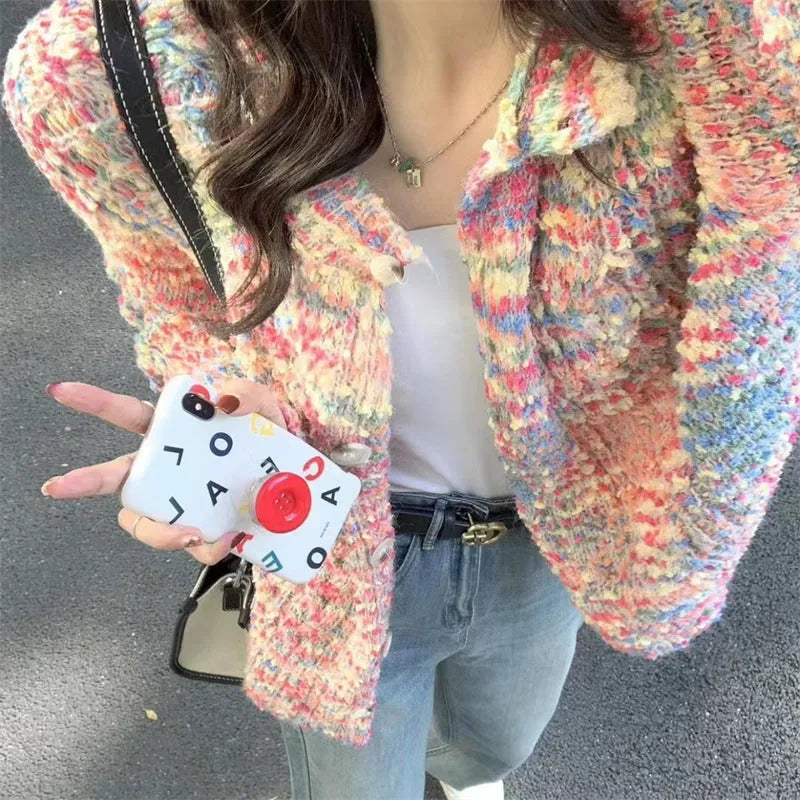 Retro style knitted rainbow sweater cardigan in pink and green ice cream colours