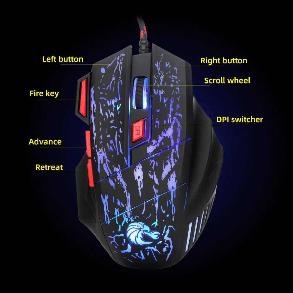 Water crack colourful luminous gaming mouse with ergonomic design and USB cable