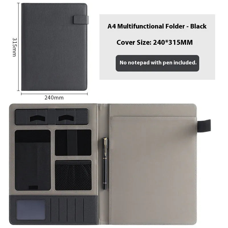 A4 leather business folder in black colour showing document storage and accessory features