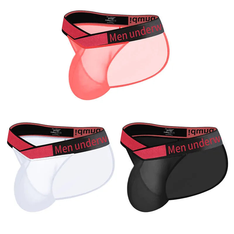 Men's black nylon underwear with a low waist and large V gradient high-cut design on a white background.