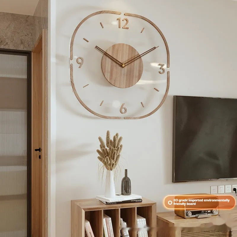 Modern transparent wooden frame wall clock showing 35cm square design with wooden shell