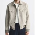 Men's suede velvet commuter jacket in Light Gray colour, showing long sleeves and British style design.