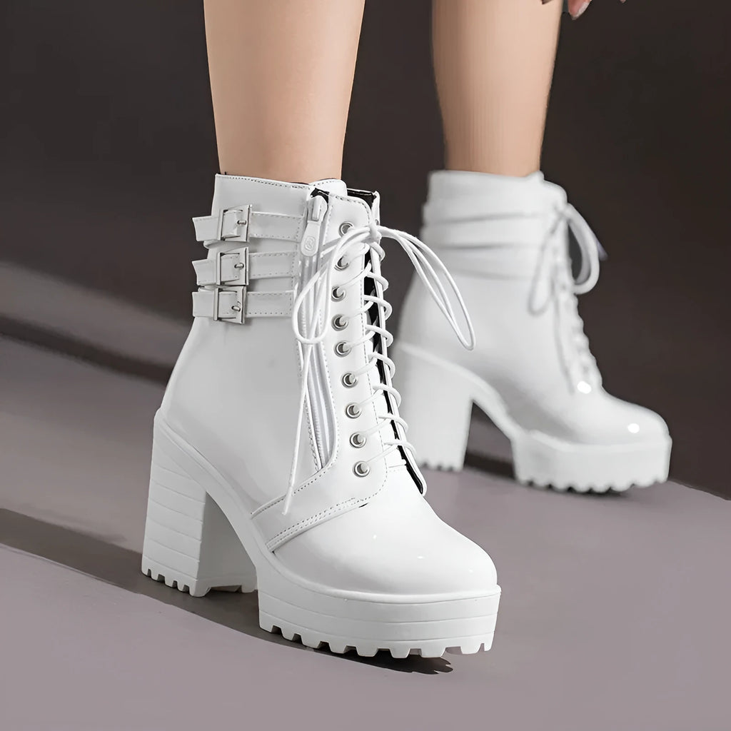 Women's black thick-heeled short boots with lace-up front, round toe, and waterproof platform sole
