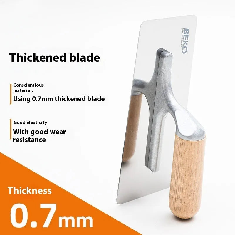 Stainless steel decorative floor and wall putty scraper with wooden handle, shown in three size models.
