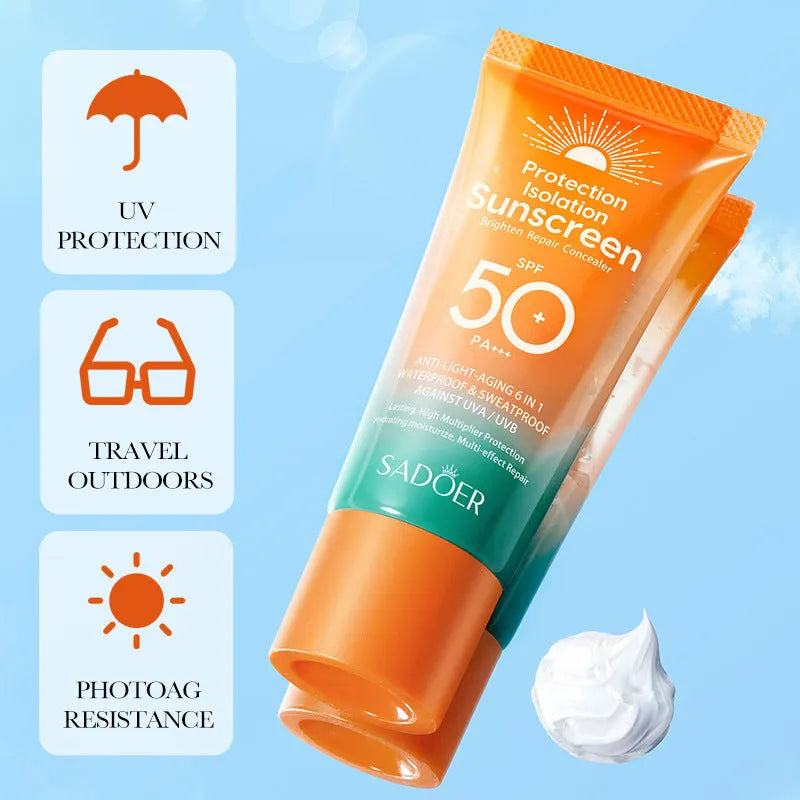 SPF 50+ PA+++ sunscreen cream in 50g tube serving as both sun protection and makeup primer