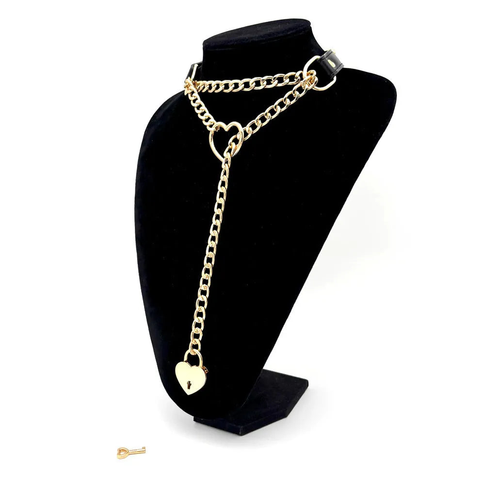 Leather traction collar in black with silver accents, necklace-style design for men and women
