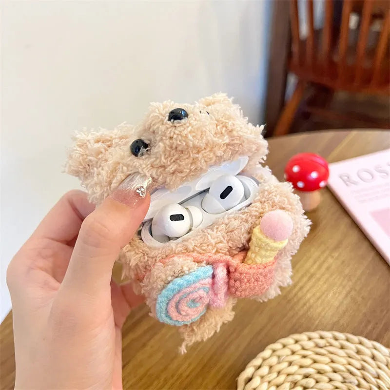 Cute lollipop ice cream bear plush earphone sleeve for Apple AirPods, velvet hand-woven soft shell case, lollipop sherbet colour