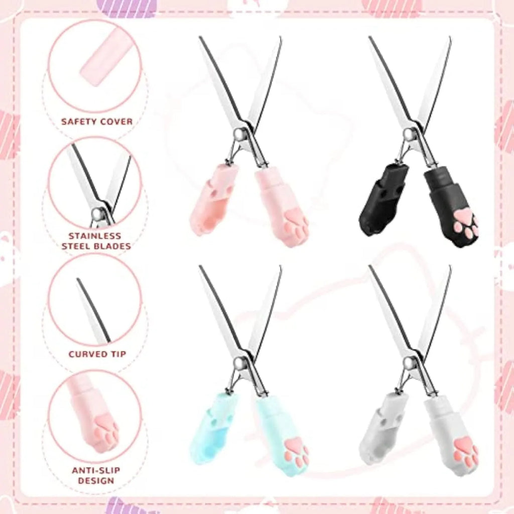 Cat paw mini folding scissors showing stainless steel blades and decorative claw design in four colour options