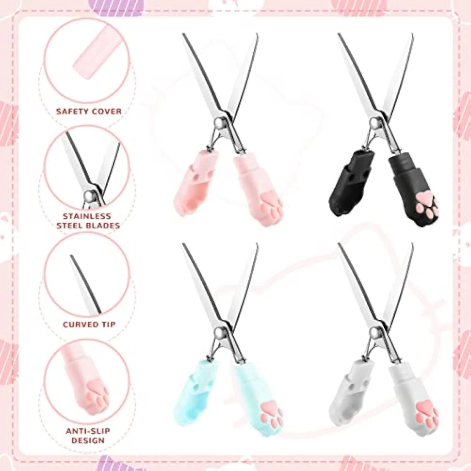 Cat paw mini folding scissors showing stainless steel blades and decorative claw design in four colour options