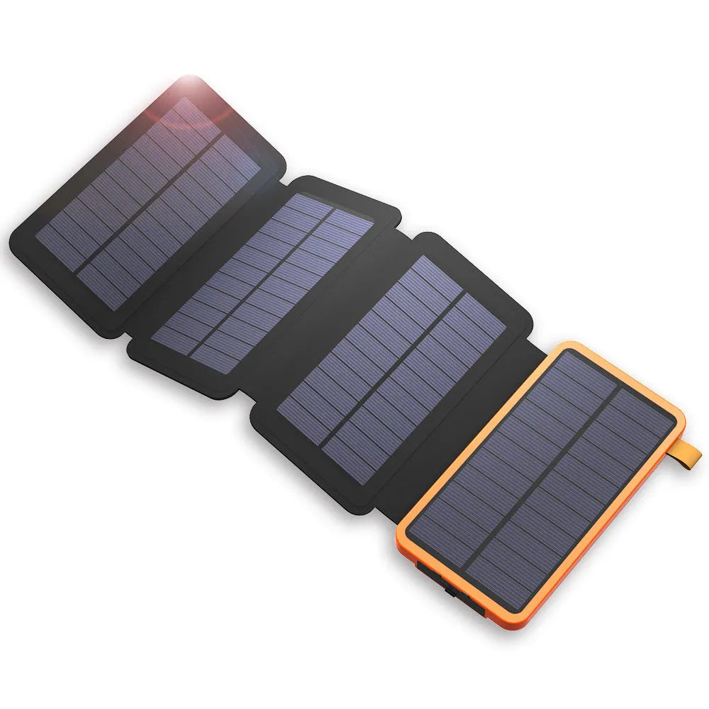 Black outdoor solar phone charger with leather exterior, solar panel, and LED light.