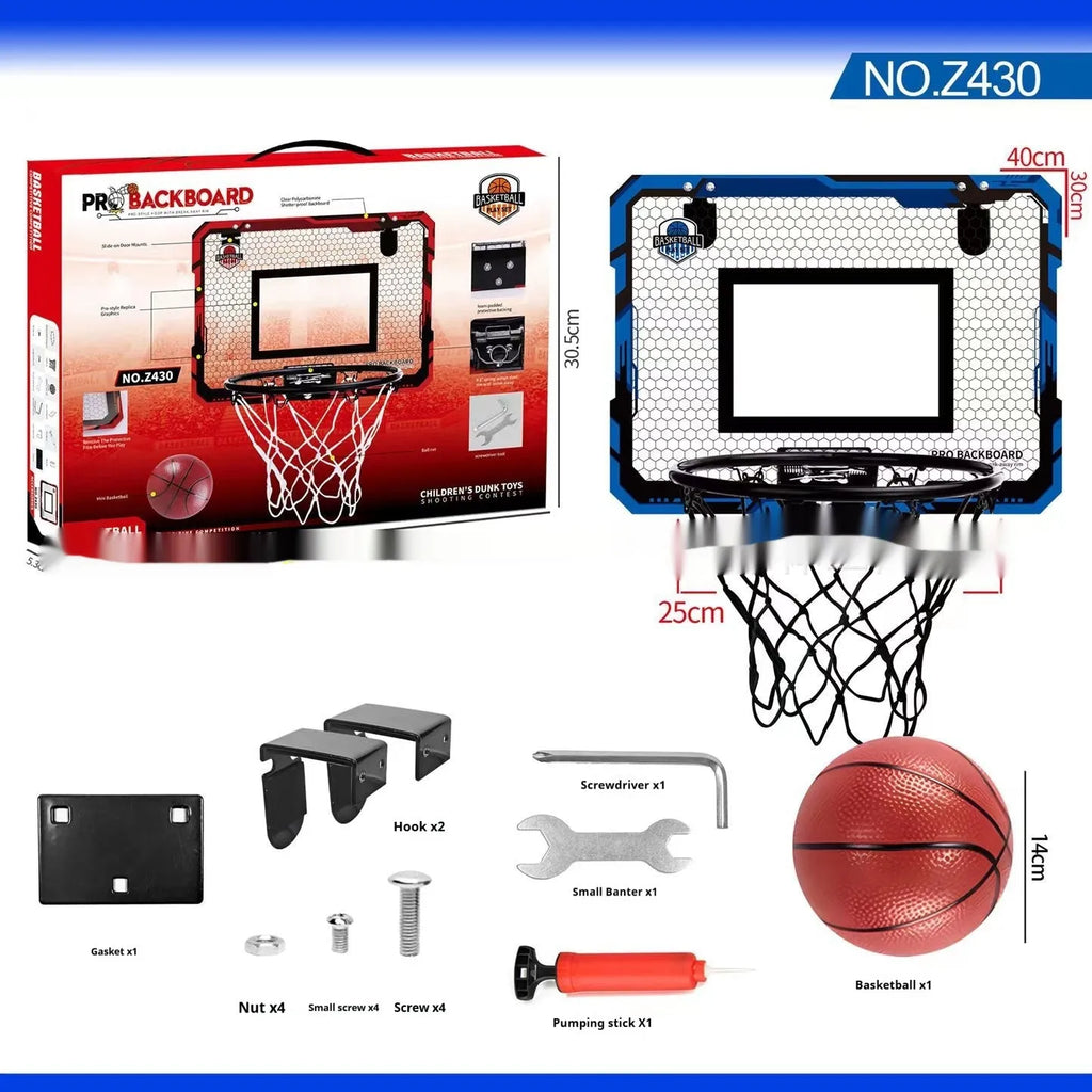 Red and blue folding basketball frame with dunk scoring markings and suction cup mounting system