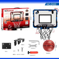Red and blue folding basketball frame with dunk scoring markings and suction cup mounting system