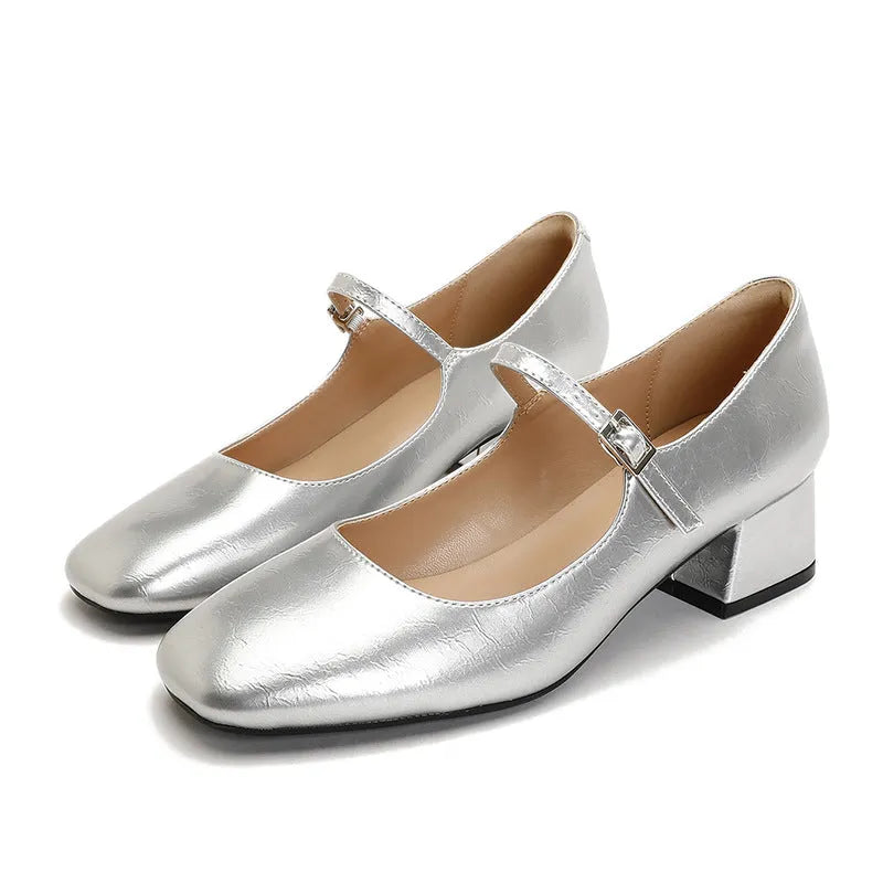 Women's square toe patent leather Mary Jane shoes with buckle and pearl detail, mid heel, low top, available in black, apricot, silver