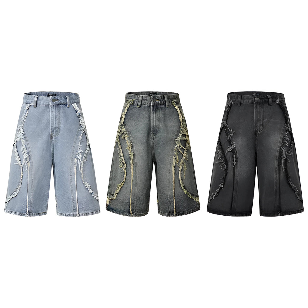 Men's distressed raw edge denim shorts in straight leg cropped fit, shown in dark blue.