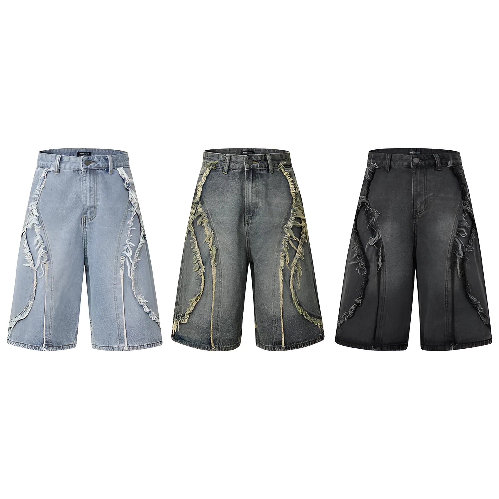 Men's distressed raw edge denim shorts in straight leg cropped fit, shown in dark blue.