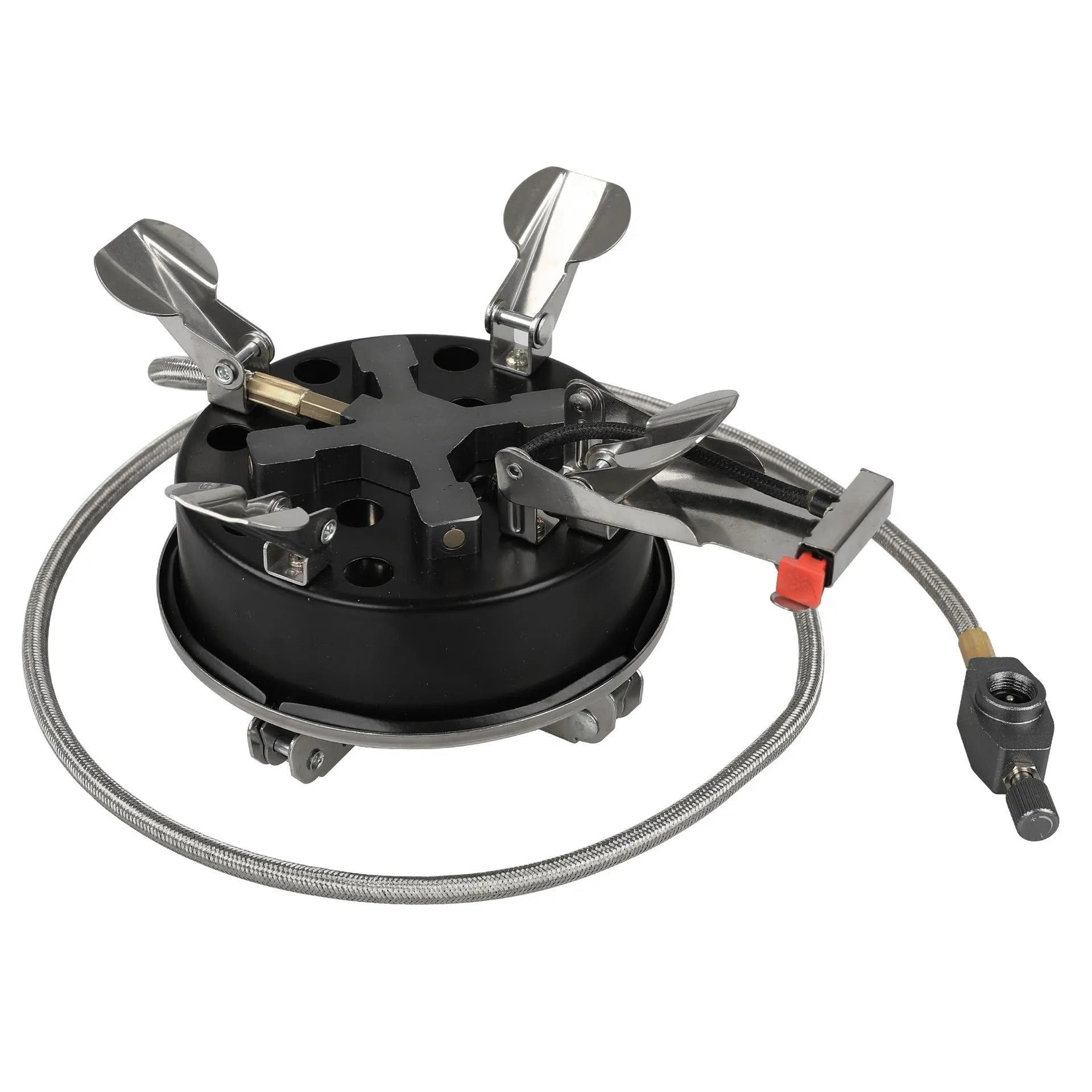 Silver portable split stove for outdoor camping, shown with a foldable design and hose.