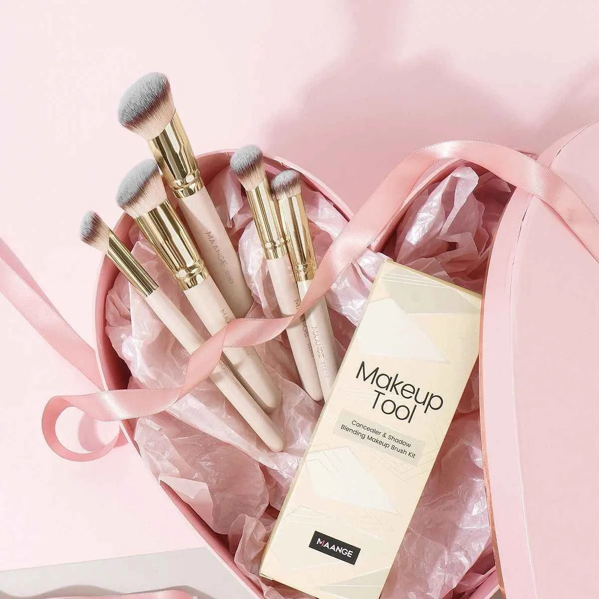 MAANGE five-piece apricot coloured makeup brush set featuring an angled blush brush on a white background.