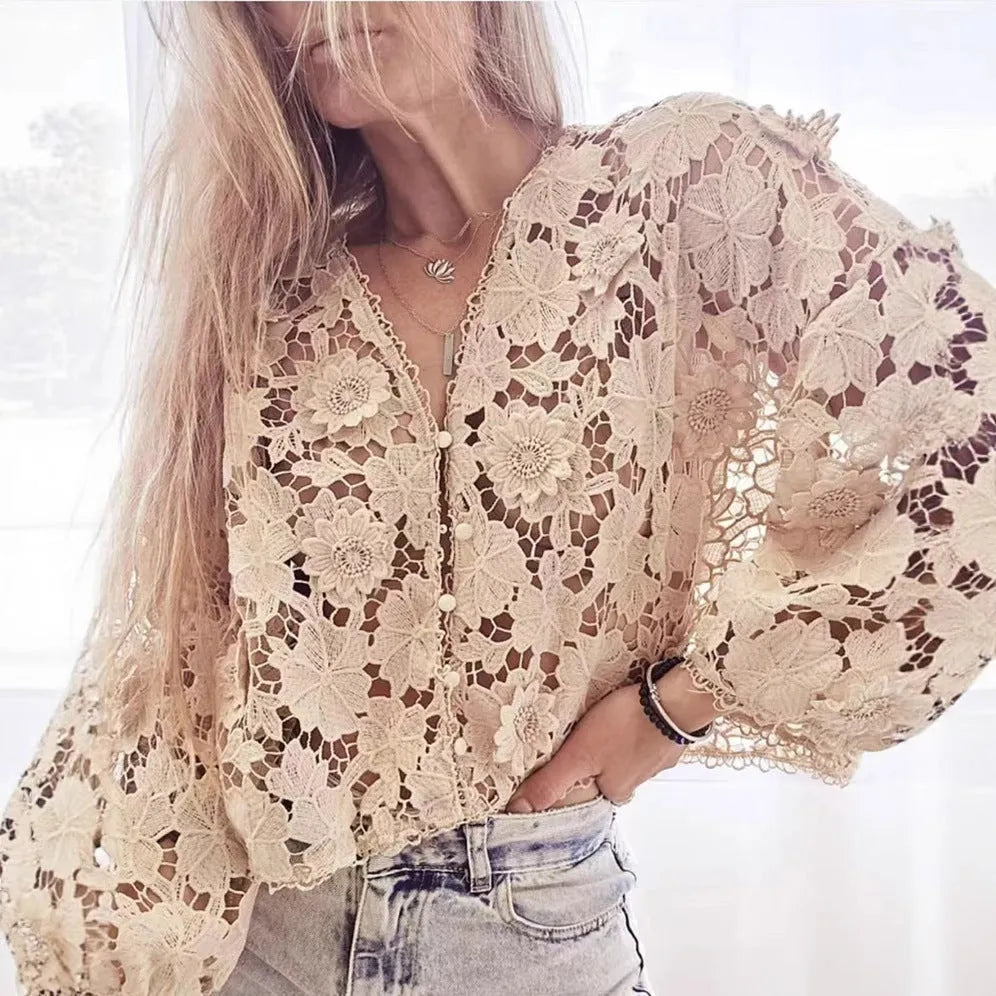 Women's loose lace cardigan with V-neck and three-dimensional flower decoration in black, white or khaki