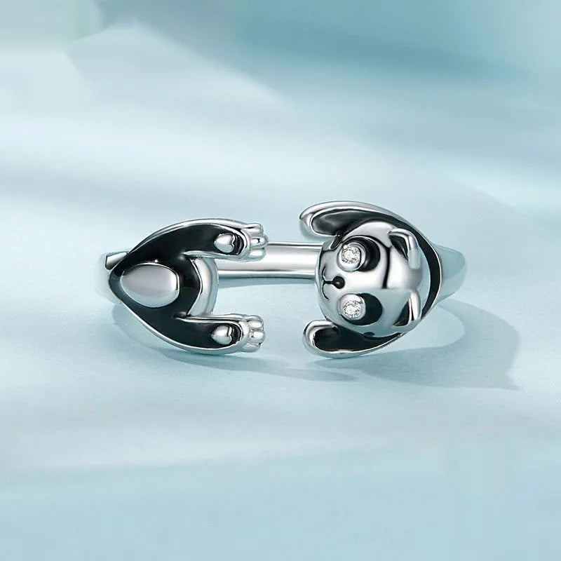 Sterling silver adjustable ring bracelet with panda animal design and white gold plating