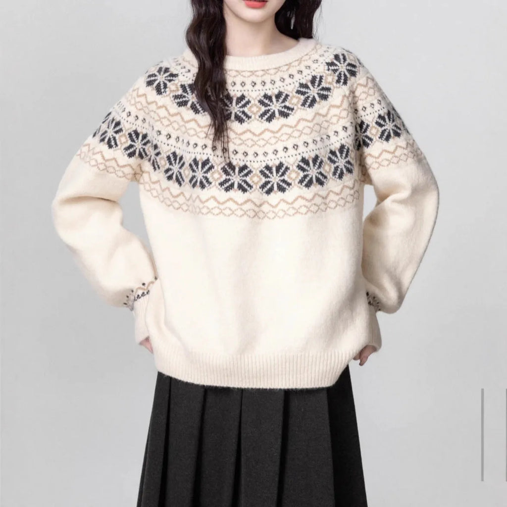 Women's milky white fair isle pullover sweater with geometric pattern, crew neck and long sleeves