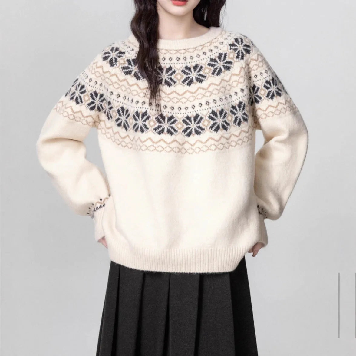 Women's milky white fair isle pullover sweater with geometric pattern, crew neck and long sleeves