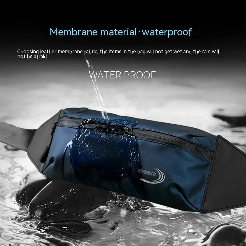 Men's black waterproof sports waist bag with waist strap showing compact design