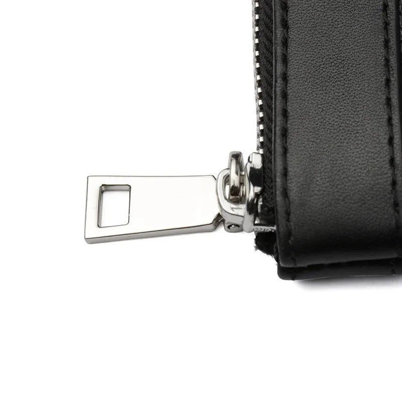 Black plaid men's leather clutch wallet made from genuine cowhide, showing front view.
