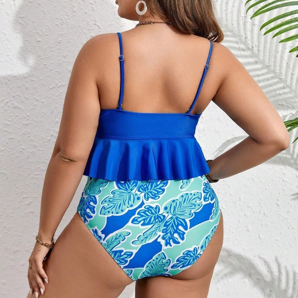 Blue plus size bikini set with briefs-style shorts showing European and American sizing options 0XL to 4XL
