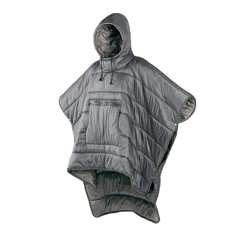 Army Green wearable cloak sleeping bag unfolded showing 200x140cm dimensions and cape design