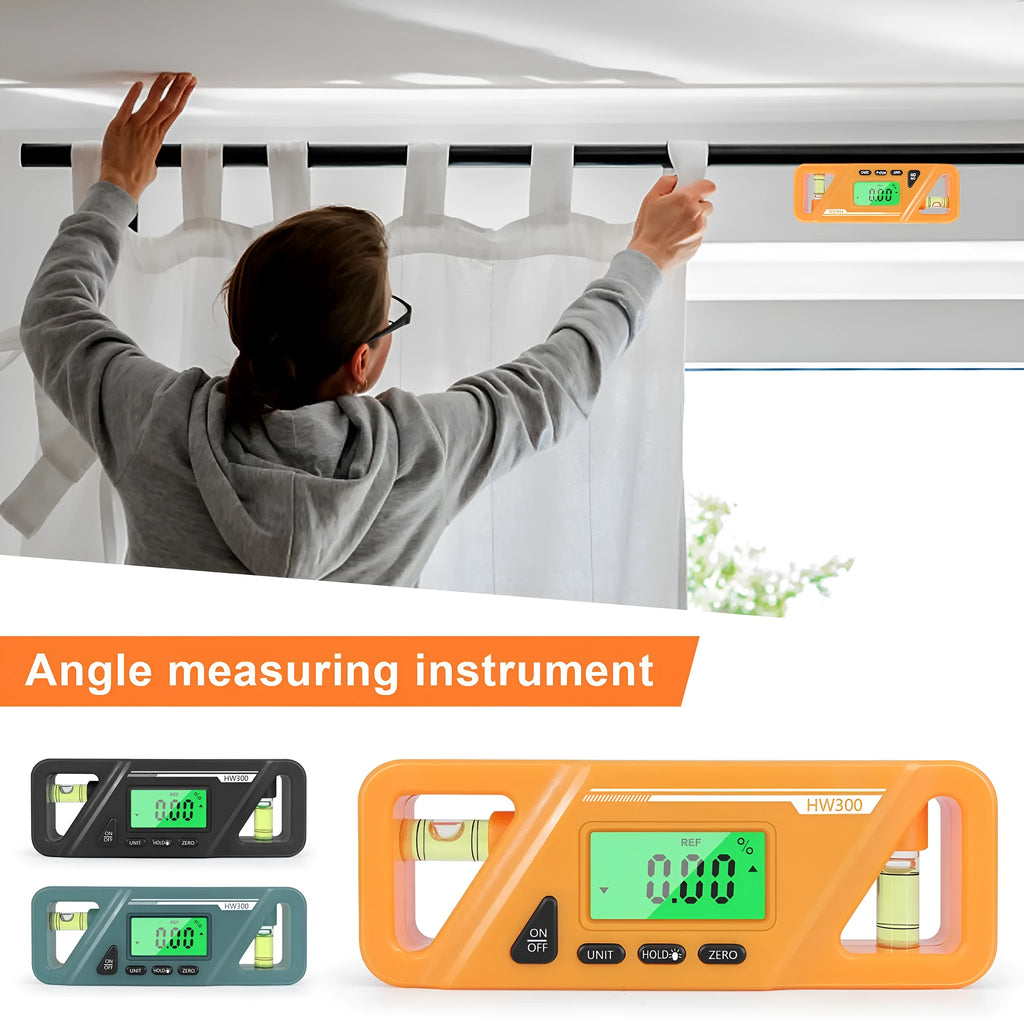 Black digital inclinometer level meter with magnetic base and LCD display showing an angle reading.