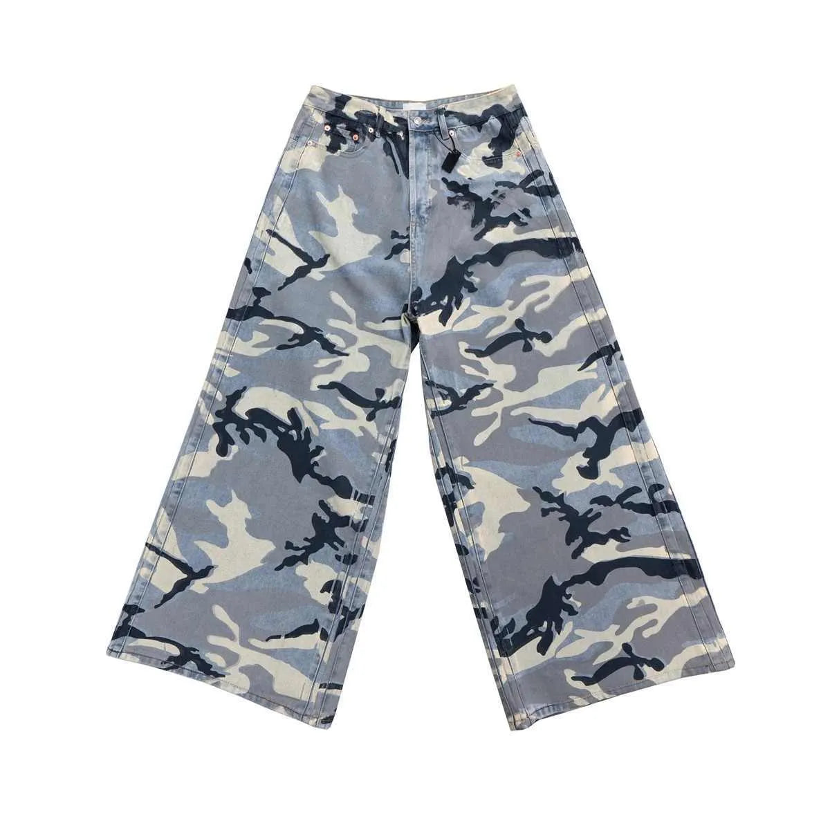 Snow camouflage blue loose-fit jeans with a mid-waist, shown flat.