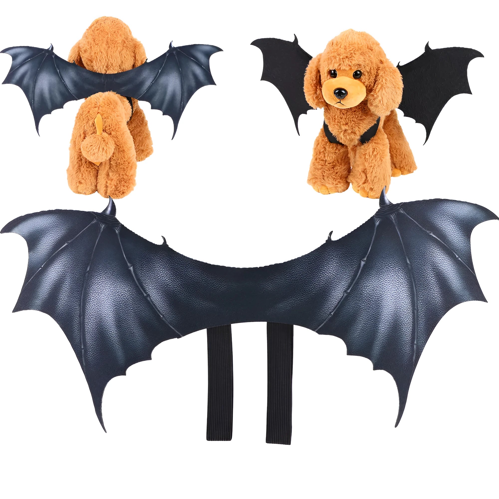 Black cloth bat wing costume for a cat or dog, showing large wing span.