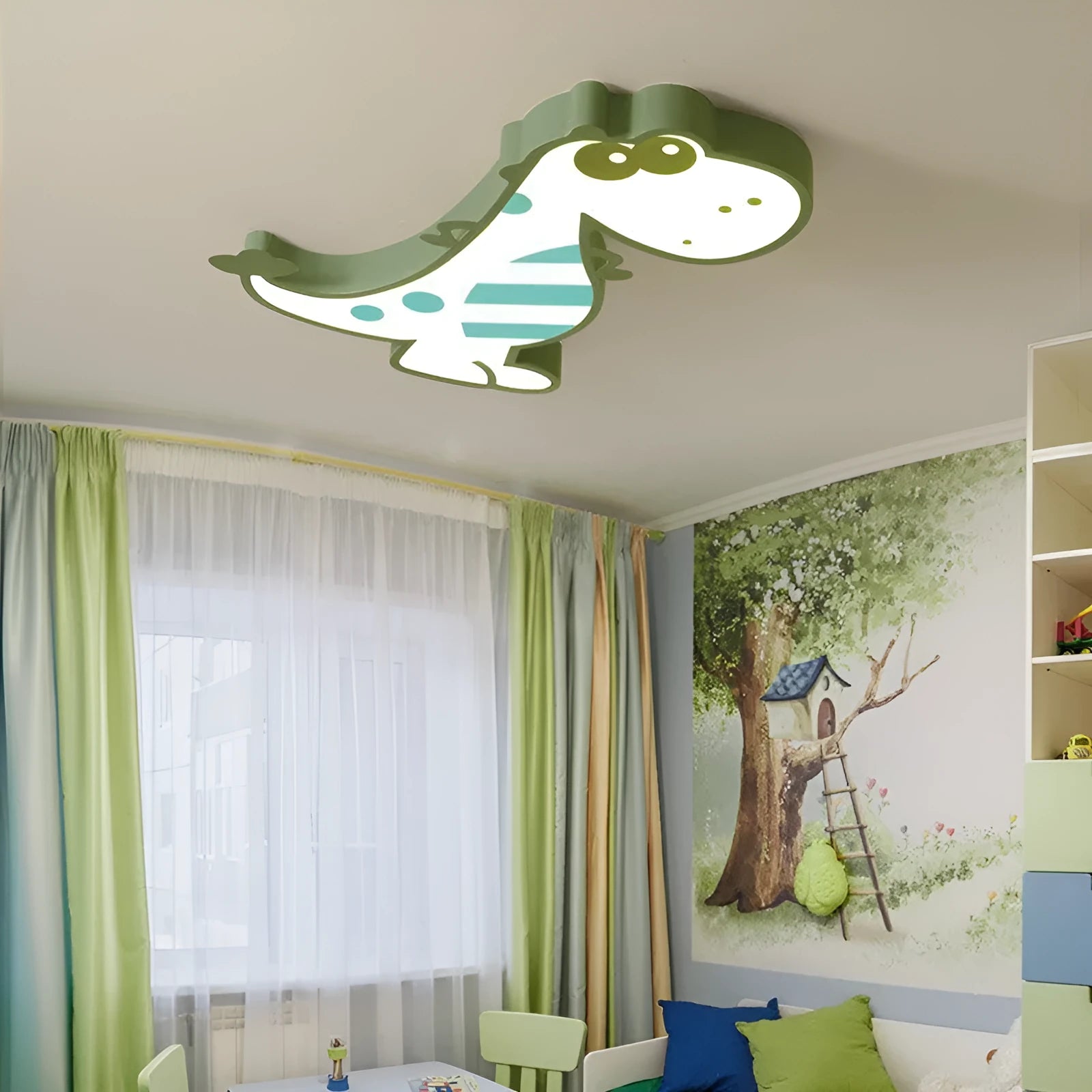 Cartoon dinosaur ceiling light with 48cm diameter and electrodeless dimming in green or pink