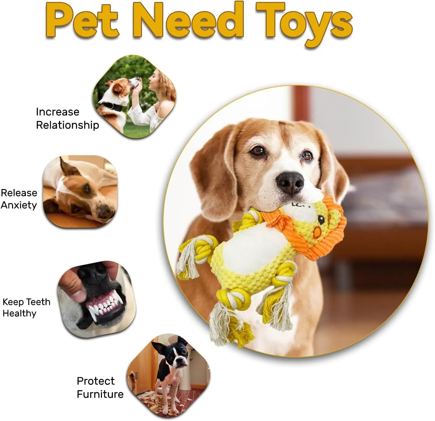 Plush squeaky dog toys showing lion and monkey designs for medium to large dogs