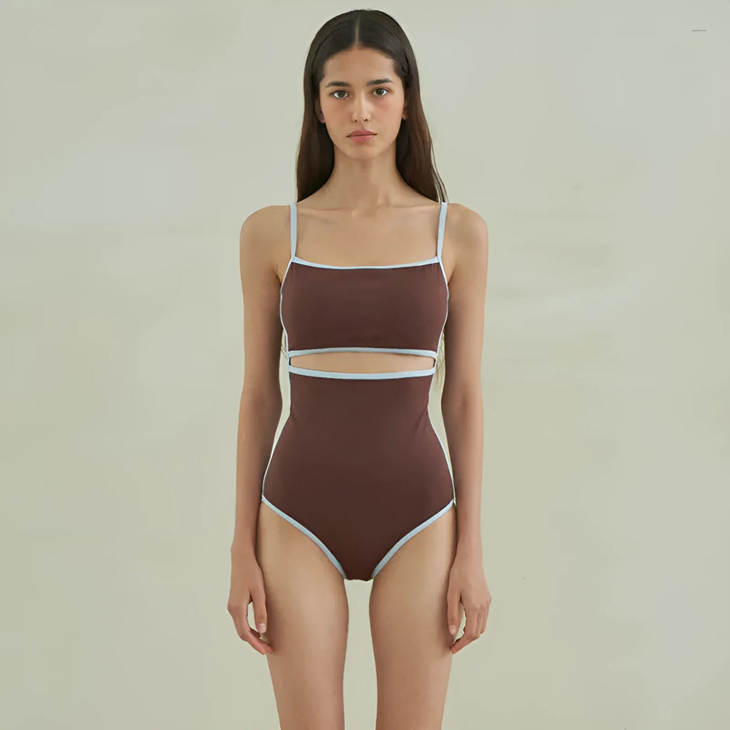 Brown women's one-piece swimsuit with triangle top design