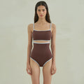Brown women's one-piece swimsuit with triangle top design